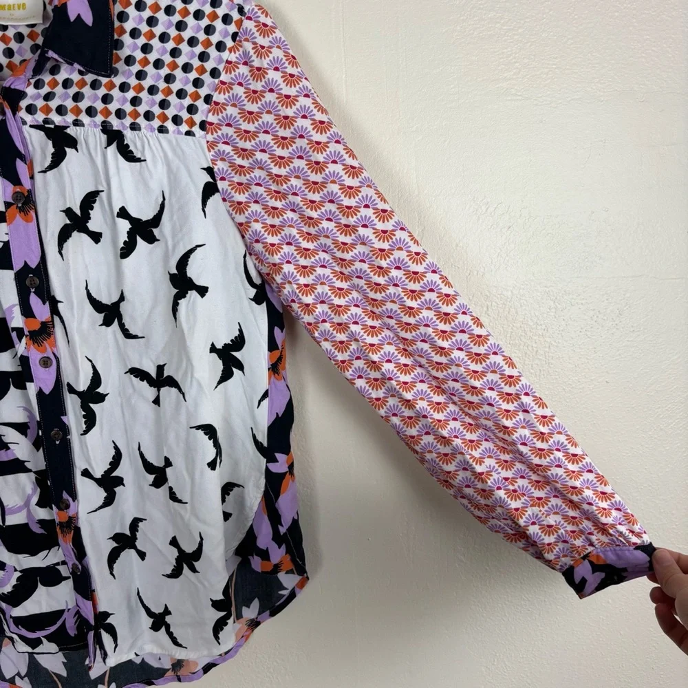 Anthropologie Maeve The Paz Button Down Blouse Size XS Patchwork Bird Novelty - Picture 4 of 7